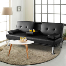Load image into Gallery viewer, Gymax Convertible Folding Futon Sofa Bed Leather w/Cup Holders&Armrests Black