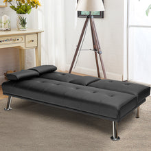 Load image into Gallery viewer, Gymax Convertible Folding Futon Sofa Bed Leather w/Cup Holders&Armrests Black