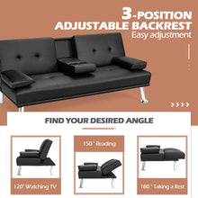 Load image into Gallery viewer, Gymax Convertible Folding Futon Sofa Bed Leather w/Cup Holders&Armrests Black