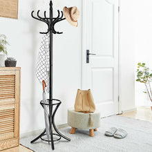 Load image into Gallery viewer, Gymax Wood Standing Hat Coat Rack Jacket Bag Hanger Tree 12 Hooks Black w/ Umbrella Stand