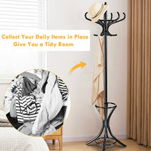 Load image into Gallery viewer, Gymax Wood Standing Hat Coat Rack Jacket Bag Hanger Tree 12 Hooks Black w/ Umbrella Stand