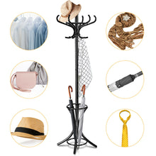 Load image into Gallery viewer, Gymax Wood Standing Hat Coat Rack Jacket Bag Hanger Tree 12 Hooks Black w/ Umbrella Stand