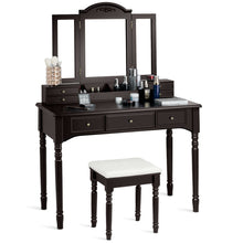 Load image into Gallery viewer, Gymax Vanity Set Makeup Table w/7 Drawers Tri-Folding Mirror Brown