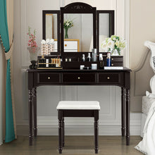 Load image into Gallery viewer, Gymax Vanity Set Makeup Table w/7 Drawers Tri-Folding Mirror Brown