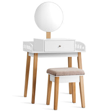 Load image into Gallery viewer, Gymax Makeup Dressing Table Stool Wooden Vanity Set w/ Round Mirror Drawer