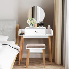 Load image into Gallery viewer, Gymax Makeup Dressing Table Stool Wooden Vanity Set w/ Round Mirror Drawer