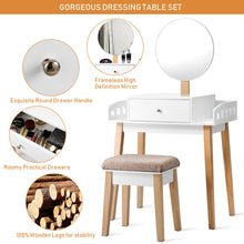 Load image into Gallery viewer, Gymax Makeup Dressing Table Stool Wooden Vanity Set w/ Round Mirror Drawer