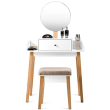 Load image into Gallery viewer, Gymax Makeup Dressing Table Stool Wooden Vanity Set w/ Round Mirror Drawer