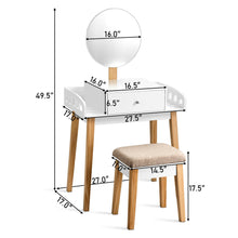 Load image into Gallery viewer, Gymax Makeup Dressing Table Stool Wooden Vanity Set w/ Round Mirror Drawer