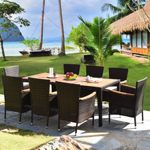 Load image into Gallery viewer, Gymax 9PCS Rattan Patio Dining Set w/ 8 Stackable Cushioned Chairs Wooden Tabletop