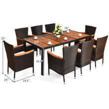Load image into Gallery viewer, Gymax 9PCS Rattan Patio Dining Set w/ 8 Stackable Cushioned Chairs Wooden Tabletop