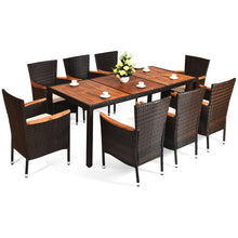 Load image into Gallery viewer, Gymax 9PCS Rattan Patio Dining Set w/ 8 Stackable Cushioned Chairs Wooden Tabletop