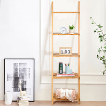 Load image into Gallery viewer, Gymax 5-Tier Ladder Shelf Modern Bamboo Leaning Bookshelf Ladder Bookcase Open Display