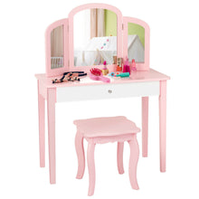Load image into Gallery viewer, Gymax Kids Vanity Princess Make Up Dressing Table W/ Tri-folding Mirror & Chair Pink