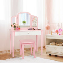 Load image into Gallery viewer, Gymax Kids Vanity Princess Make Up Dressing Table W/ Tri-folding Mirror & Chair Pink