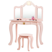 Load image into Gallery viewer, Gymax Kids Makeup Dressing Table Chair Set Princess Vanity & Tri-folding Mirror Pink