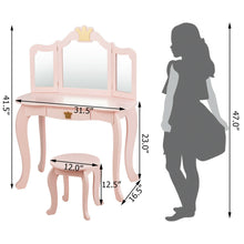 Load image into Gallery viewer, Gymax Kids Makeup Dressing Table Chair Set Princess Vanity & Tri-folding Mirror Pink