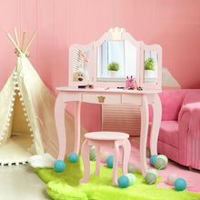 Load image into Gallery viewer, Gymax Kids Makeup Dressing Table Chair Set Princess Vanity & Tri-folding Mirror Pink