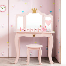 Load image into Gallery viewer, Gymax Kids Makeup Dressing Table Chair Set Princess Vanity & Tri-folding Mirror Pink