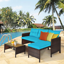 Load image into Gallery viewer, Gymax 3PCS Outdoor Rattan Furniture Set Patio Couch Sofa Set w/ Turquoise Cushion