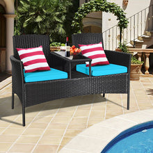 Load image into Gallery viewer, Gymax Rattan Wicker Patio Conversation Set w/ Table Turquoise Cushion