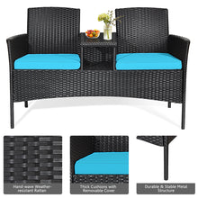Load image into Gallery viewer, Gymax Rattan Wicker Patio Conversation Set w/ Table Turquoise Cushion