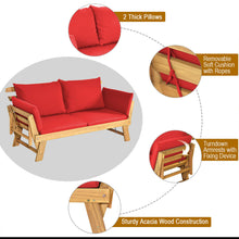 Load image into Gallery viewer, Gymax Adjustable Patio Sofa Daybed Acacia Wood Furniture w/ Red Cushions