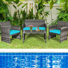 Load image into Gallery viewer, Gymax 4PCS Patio Outdoor Rattan Conversation Furniture Set w/ Turquoise Cushion