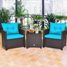 Load image into Gallery viewer, Gymax 3PCS Outdoor Patio Rattan Conversation Set w/ Coffee Table Turquoise Cushion