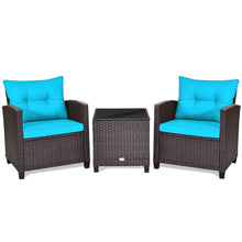 Load image into Gallery viewer, Gymax 3PCS Outdoor Patio Rattan Conversation Set w/ Coffee Table Turquoise Cushion