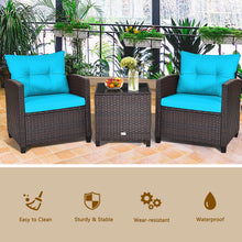 Load image into Gallery viewer, Gymax 3PCS Outdoor Patio Rattan Conversation Set w/ Coffee Table Turquoise Cushion