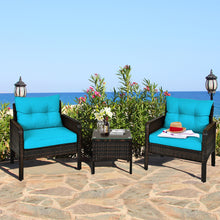 Load image into Gallery viewer, Gymax 3PCS Patio Outdoor Rattan Furniture Set w/ Coffee Table Turquoise Cushion