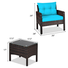 Load image into Gallery viewer, Gymax 3PCS Patio Outdoor Rattan Furniture Set w/ Coffee Table Turquoise Cushion