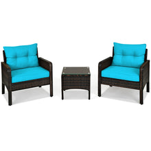 Load image into Gallery viewer, Gymax 3PCS Patio Outdoor Rattan Furniture Set w/ Coffee Table Turquoise Cushion
