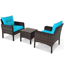 Load image into Gallery viewer, Gymax 3PCS Patio Outdoor Rattan Furniture Set w/ Coffee Table Turquoise Cushion