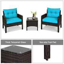 Load image into Gallery viewer, Gymax 3PCS Patio Outdoor Rattan Furniture Set w/ Coffee Table Turquoise Cushion