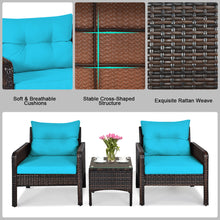 Load image into Gallery viewer, Gymax 3PCS Patio Outdoor Rattan Furniture Set w/ Coffee Table Turquoise Cushion