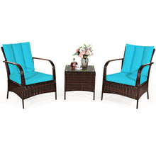 Load image into Gallery viewer, Gymax 3PCS Patio Rattan Conversation Set Outdoor Furniture Set w/ Turquoise Cushion