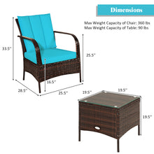 Load image into Gallery viewer, Gymax 3PCS Patio Rattan Conversation Set Outdoor Furniture Set w/ Turquoise Cushion