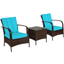 Load image into Gallery viewer, Gymax 3PCS Patio Rattan Conversation Set Outdoor Furniture Set w/ Turquoise Cushion