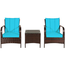 Load image into Gallery viewer, Gymax 3PCS Patio Rattan Conversation Set Outdoor Furniture Set w/ Turquoise Cushion