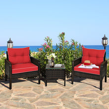 Load image into Gallery viewer, Gymax 3PCS Patio Outdoor Rattan Furniture Set w/ Coffee Table Red Cushion