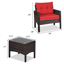 Load image into Gallery viewer, Gymax 3PCS Patio Outdoor Rattan Furniture Set w/ Coffee Table Red Cushion