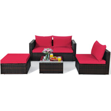 Load image into Gallery viewer, Gymax 5PCS Cushioned Rattan Patio Conversation Set w/ Ottoman Red Cushion