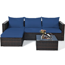 Load image into Gallery viewer, Gymax 5PCS Cushioned Rattan Patio Conversation Set w/ Ottoman Navy Cushion