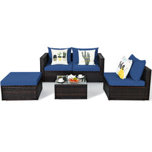 Load image into Gallery viewer, Gymax 5PCS Cushioned Rattan Patio Conversation Set w/ Ottoman Navy Cushion