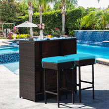 Load image into Gallery viewer, Gymax 3PCS Rattan Patio Bar Table & Stool Set Dining Set w/ Turquoise Cushion