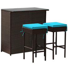 Load image into Gallery viewer, Gymax 3PCS Rattan Patio Bar Table & Stool Set Dining Set w/ Turquoise Cushion