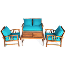 Load image into Gallery viewer, Gymax 4pcs Wooden Patio Furniture Set Table & Sectional Sofa w/ Turquoise Cushion