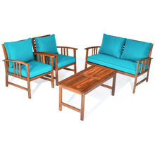 Load image into Gallery viewer, Gymax 4pcs Wooden Patio Furniture Set Table & Sectional Sofa w/ Turquoise Cushion